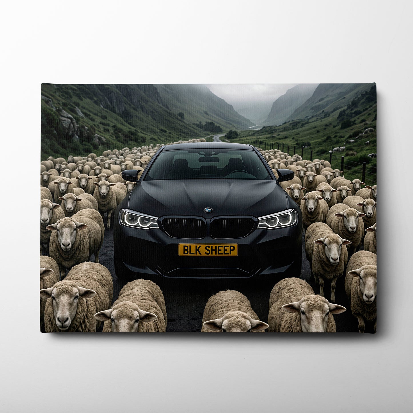 BLK SHEEP BMW canvas wall art with black car surrounded by sheep
