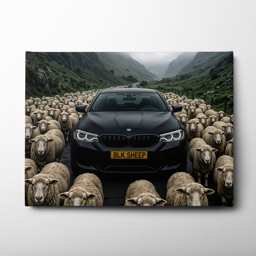 BLK SHEEP BMW canvas wall art with black car surrounded by sheep
