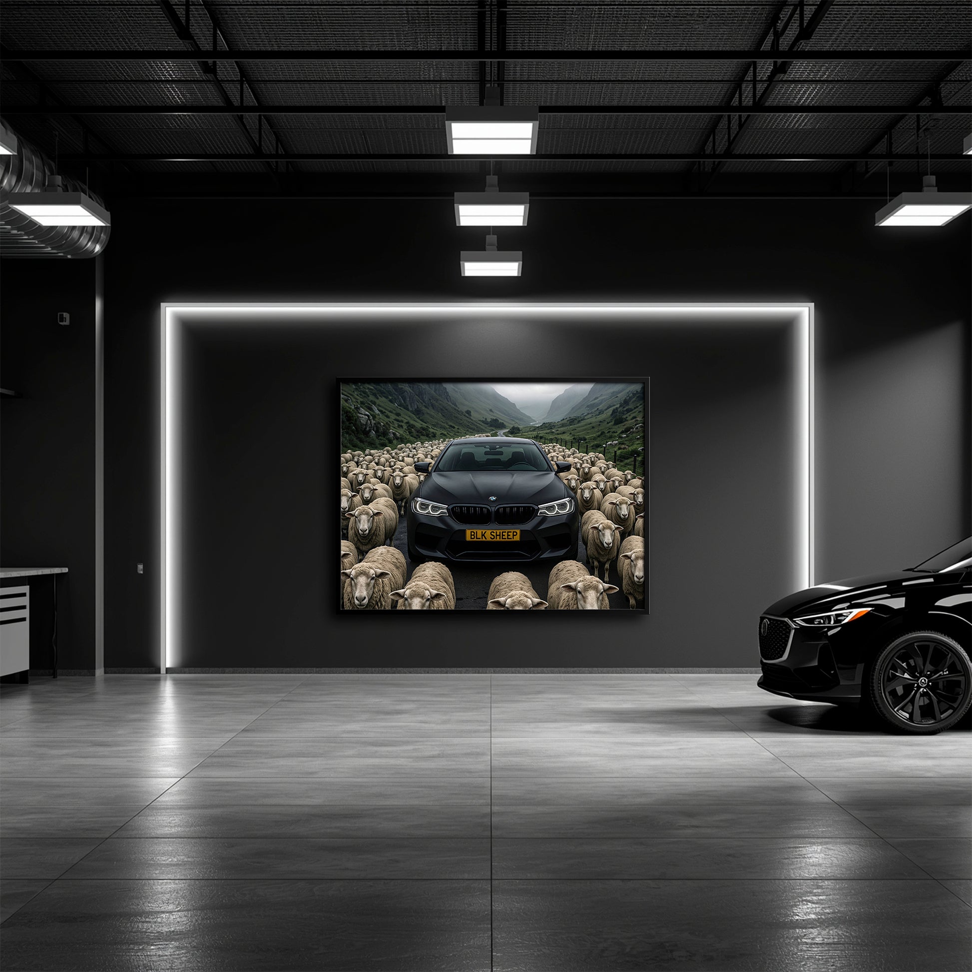 Black BMW artwork on canvas with dramatic landscape and sheep
