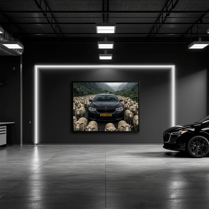 Black BMW artwork on canvas with dramatic landscape and sheep
