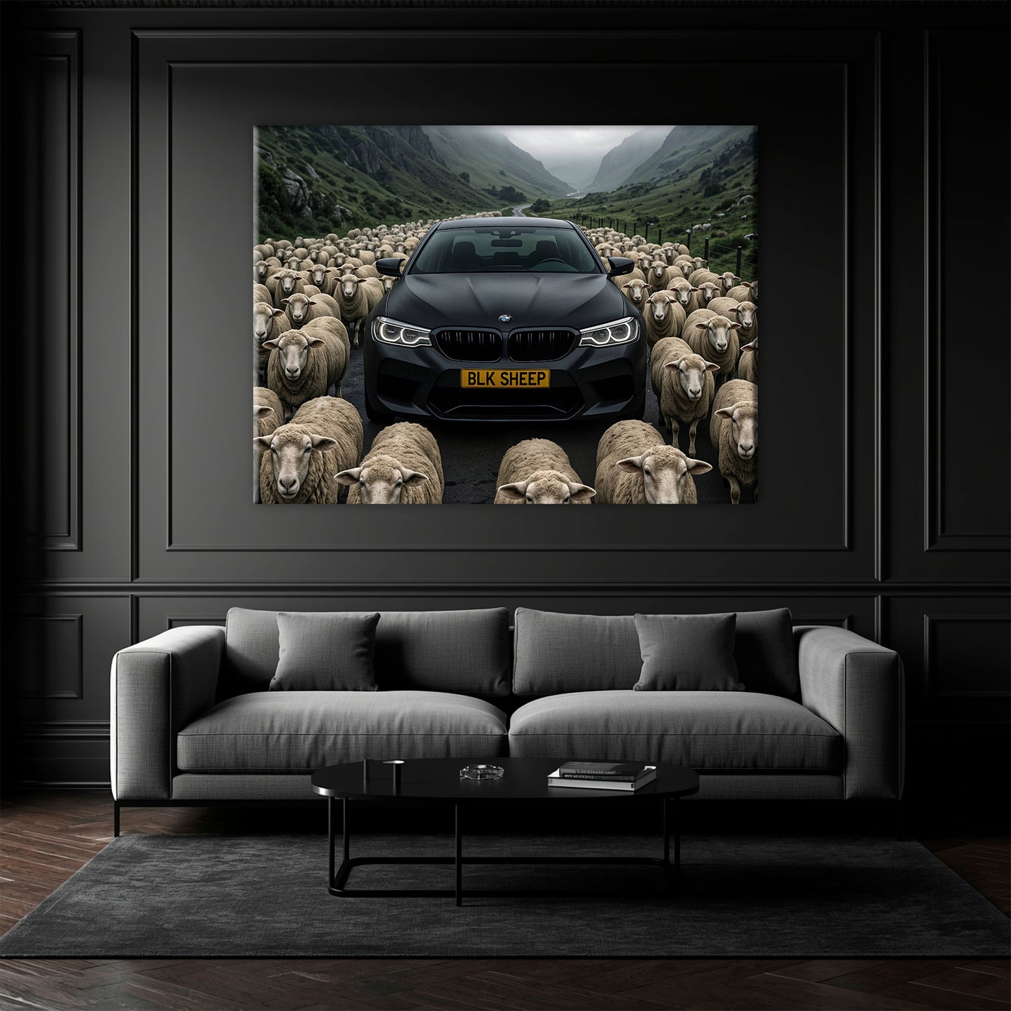 Garage wall art with black BMW and black sheep message

