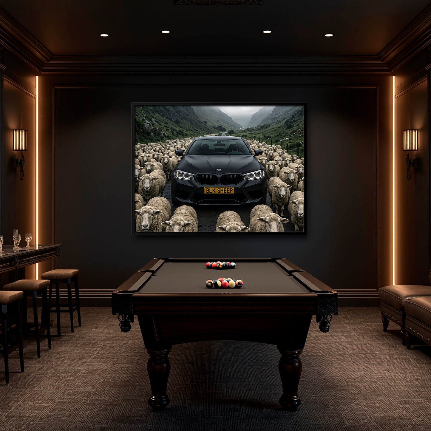 Black car canvas art with cinematic mountain road background
