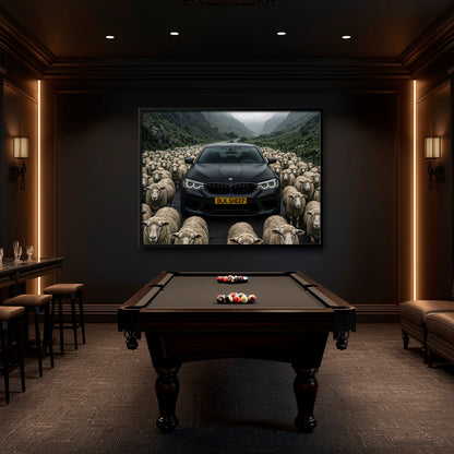 Black car canvas art with cinematic mountain road background
