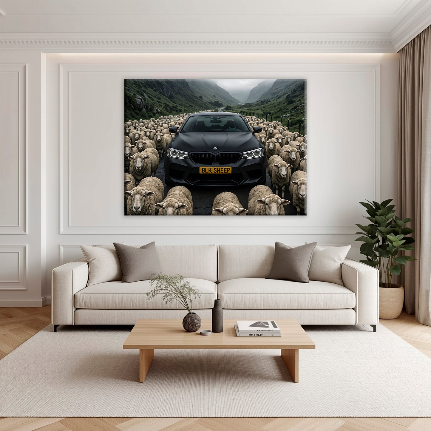 Car lover wall art featuring black BMW and flock of sheep
