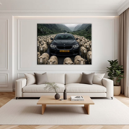 Car lover wall art featuring black BMW and flock of sheep
