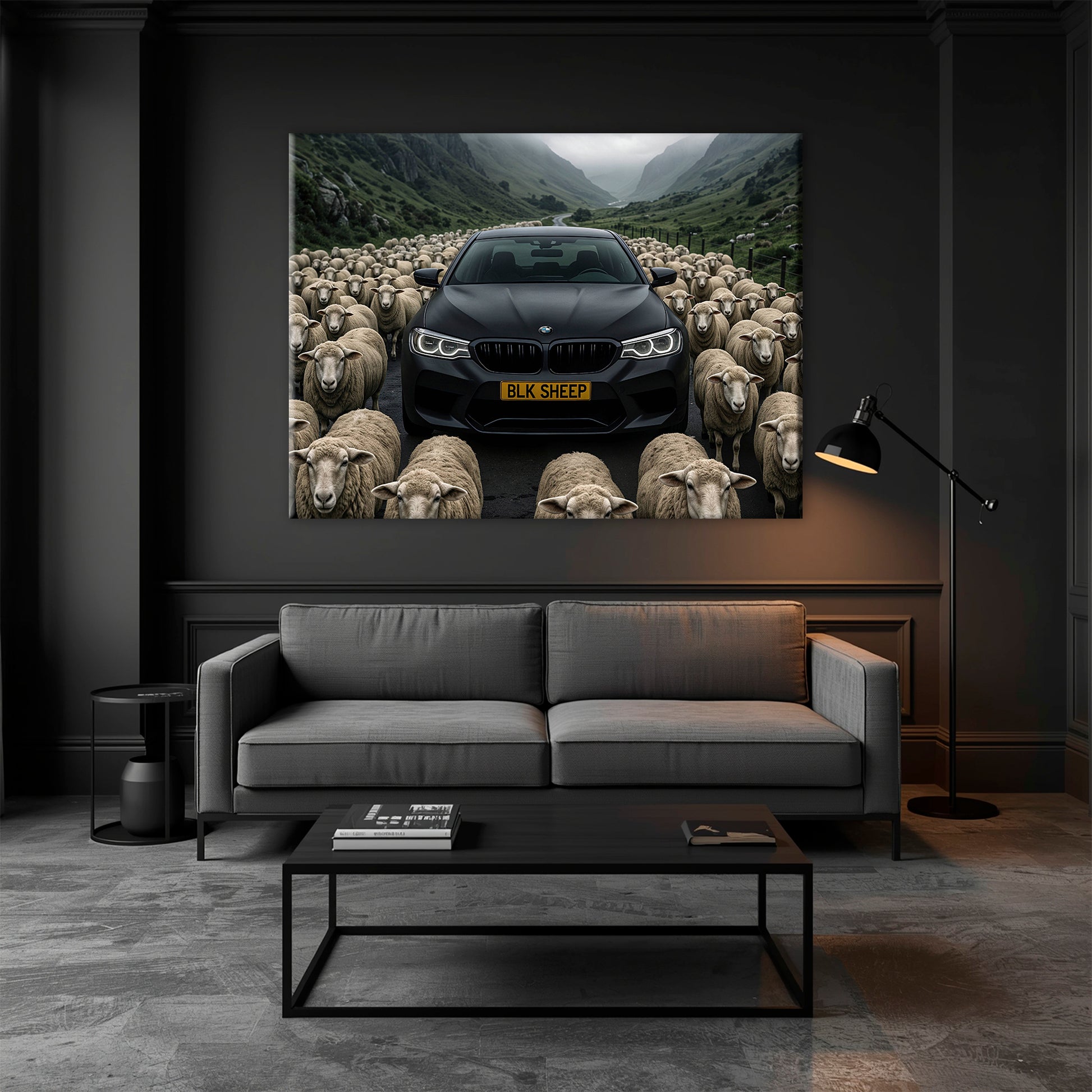 Automotive canvas print with black BMW among white sheep
