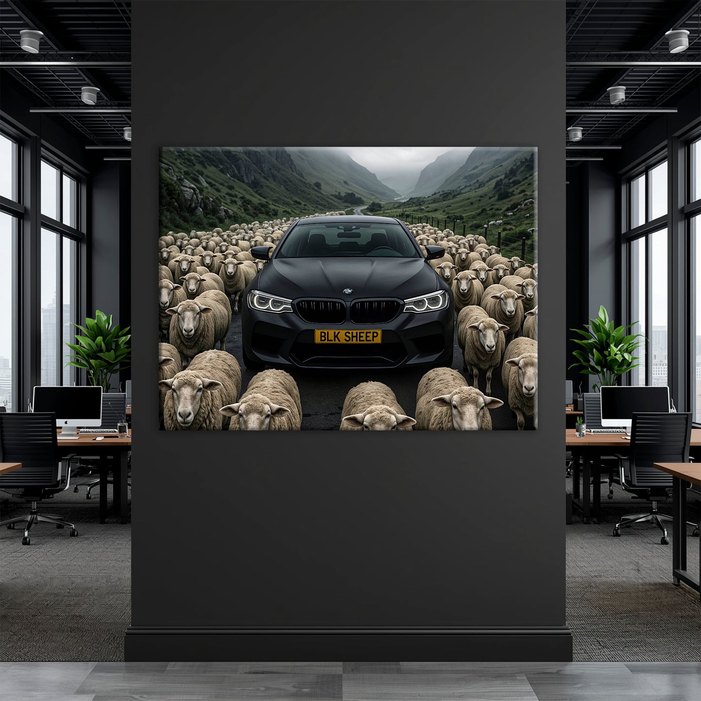 BMW car wall art featuring bold black sheep concept
