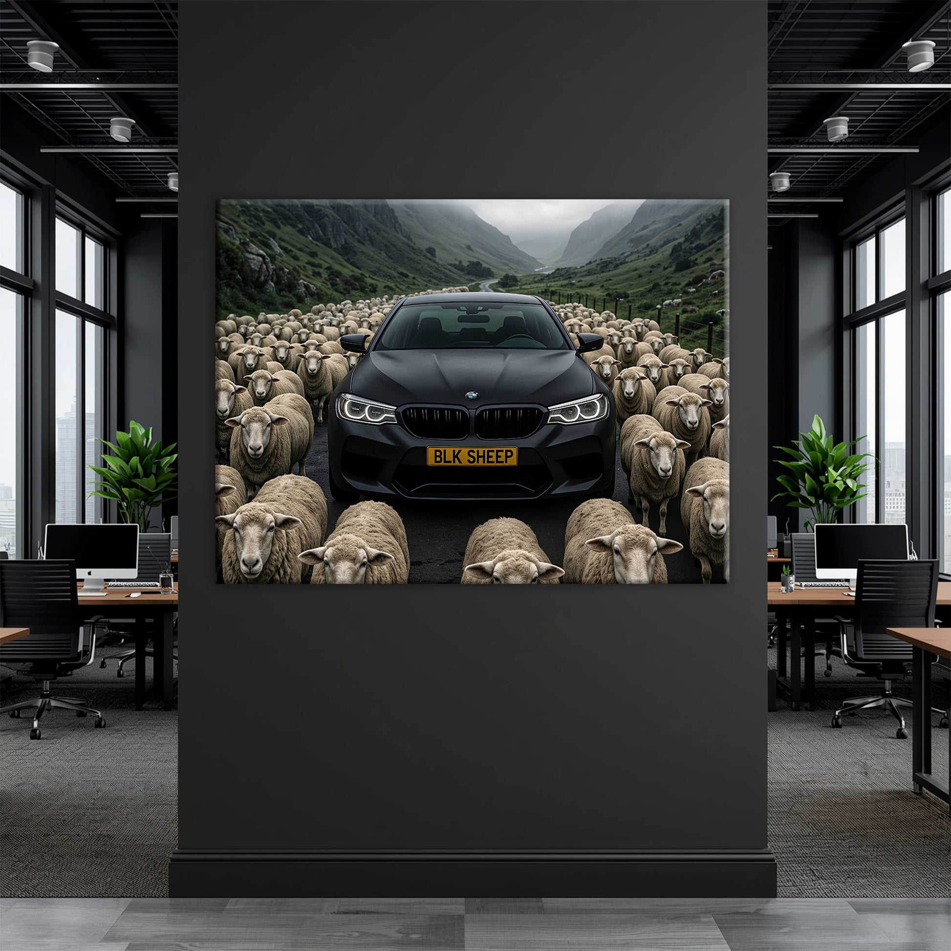 BMW car wall art featuring bold black sheep concept
