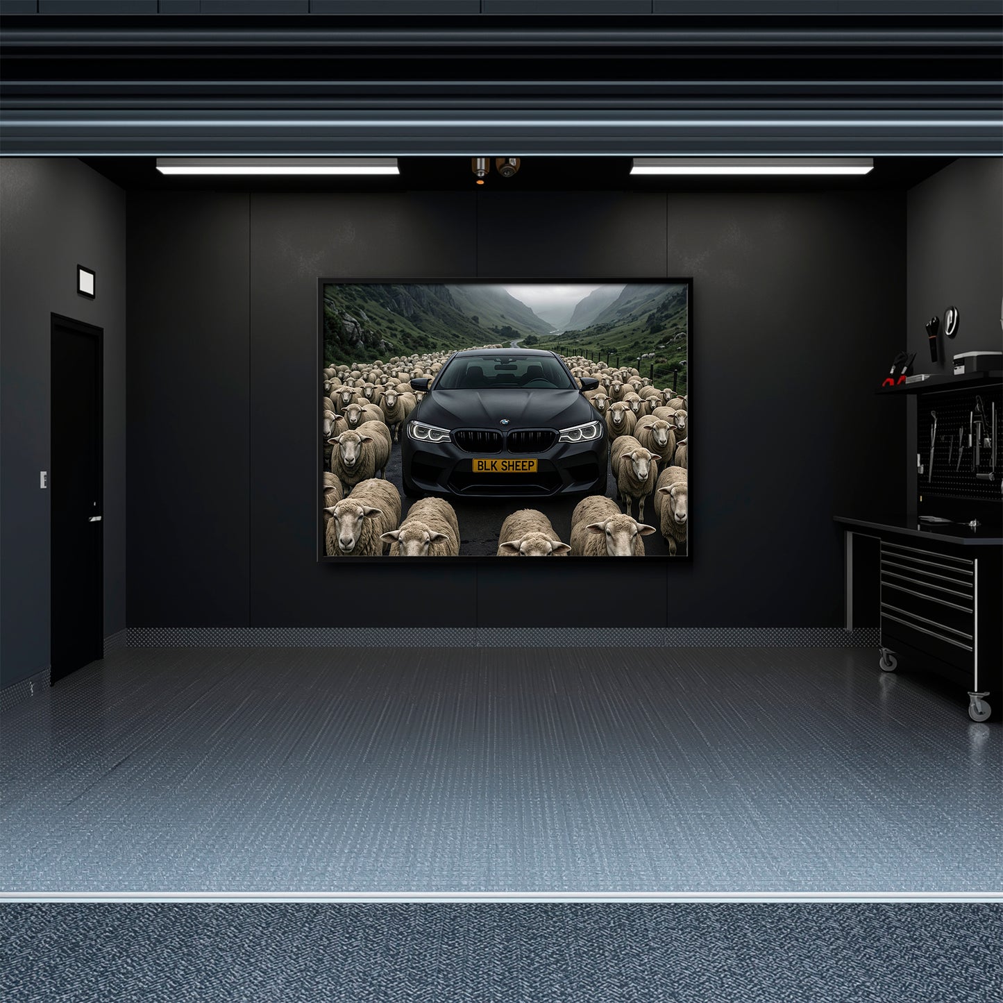 Black BMW wall art for man cave and garage decor
