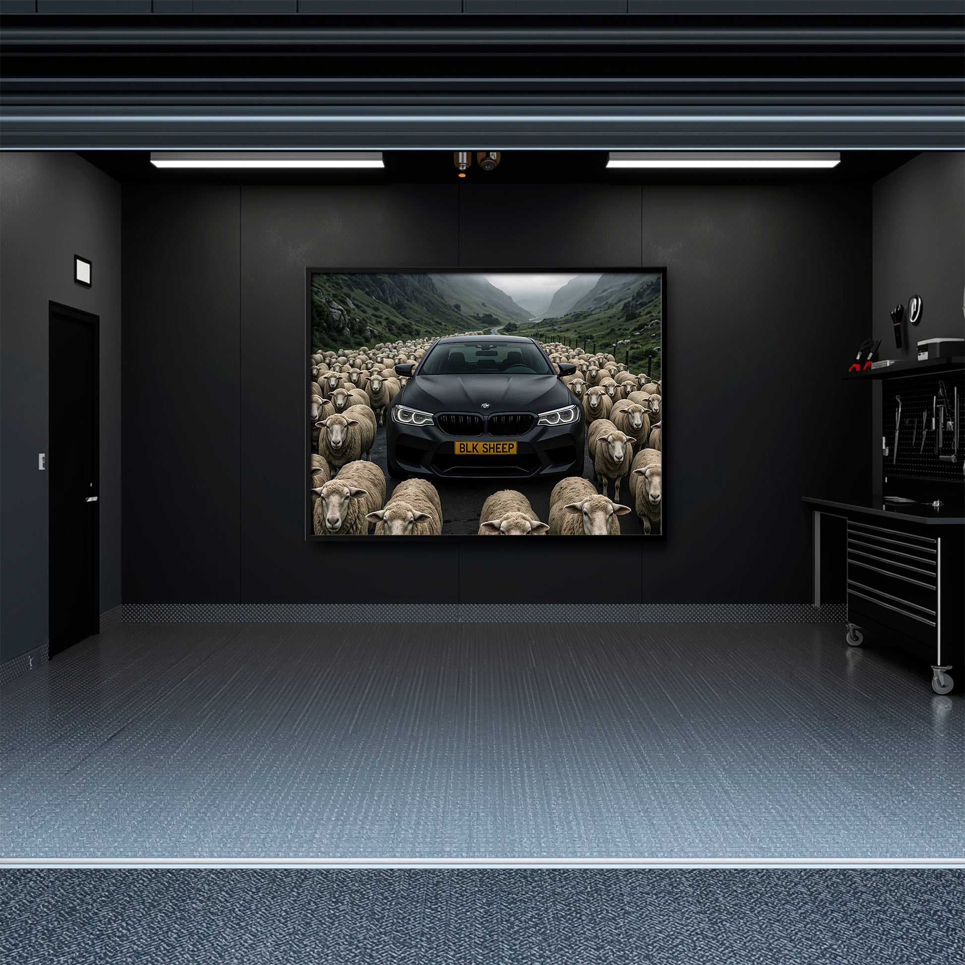 Black BMW wall art for man cave and garage decor

