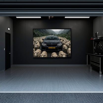 Black BMW wall art for man cave and garage decor
