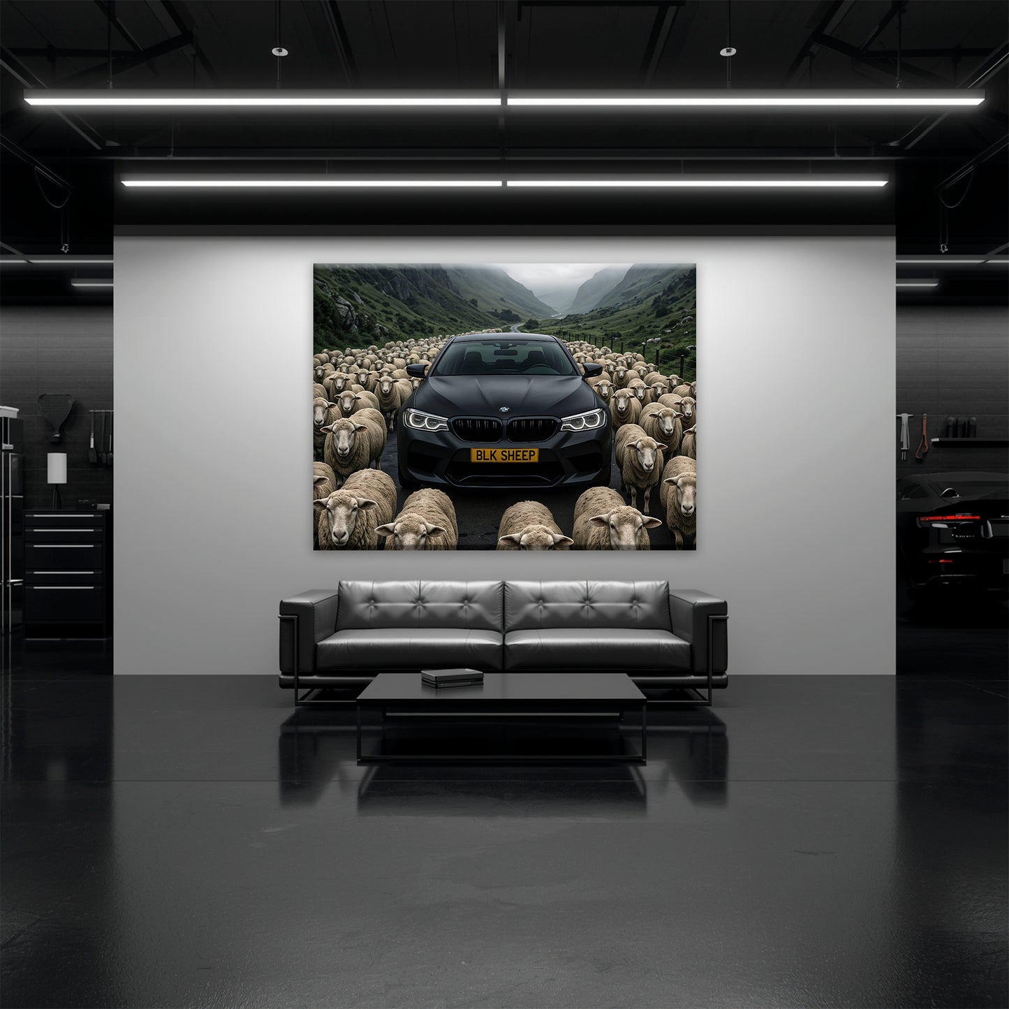 Black BMW canvas print on mountain road with flock of sheep
