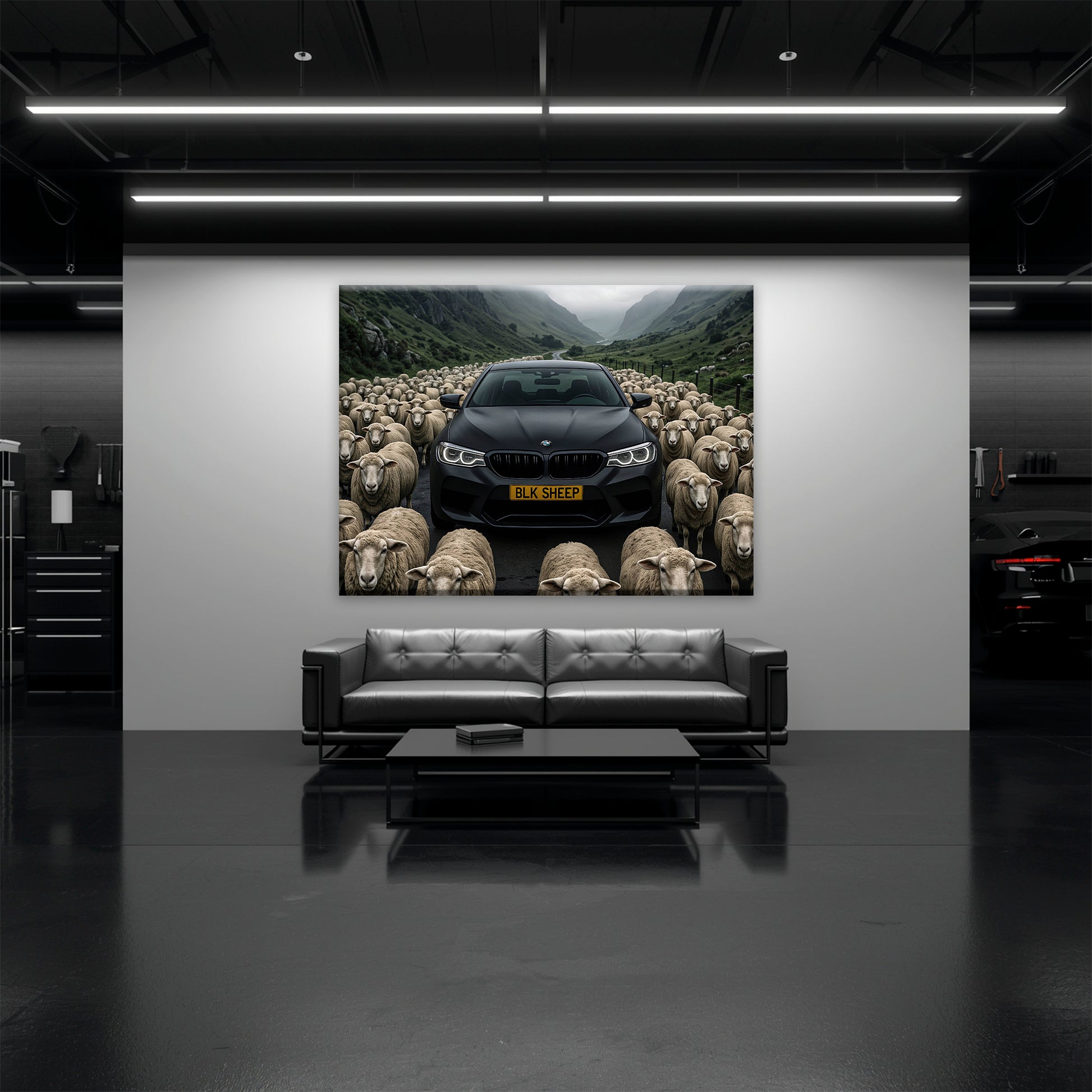 Black BMW canvas print on mountain road with flock of sheep
