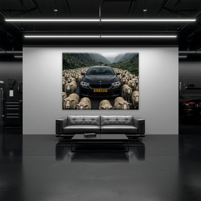 Black BMW canvas print on mountain road with flock of sheep
