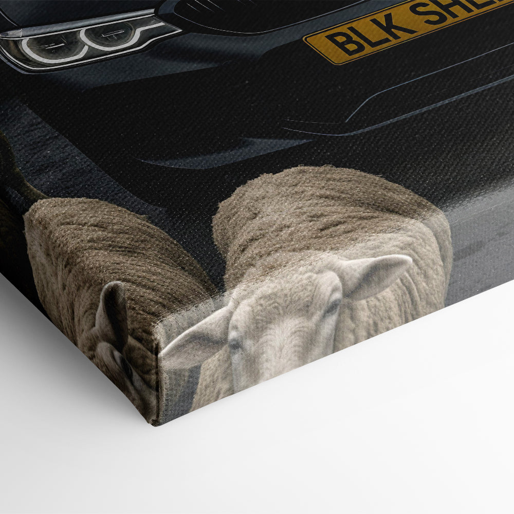 Dark automotive wall art with black BMW and sheep scene
