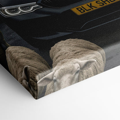 Dark automotive wall art with black BMW and sheep scene
