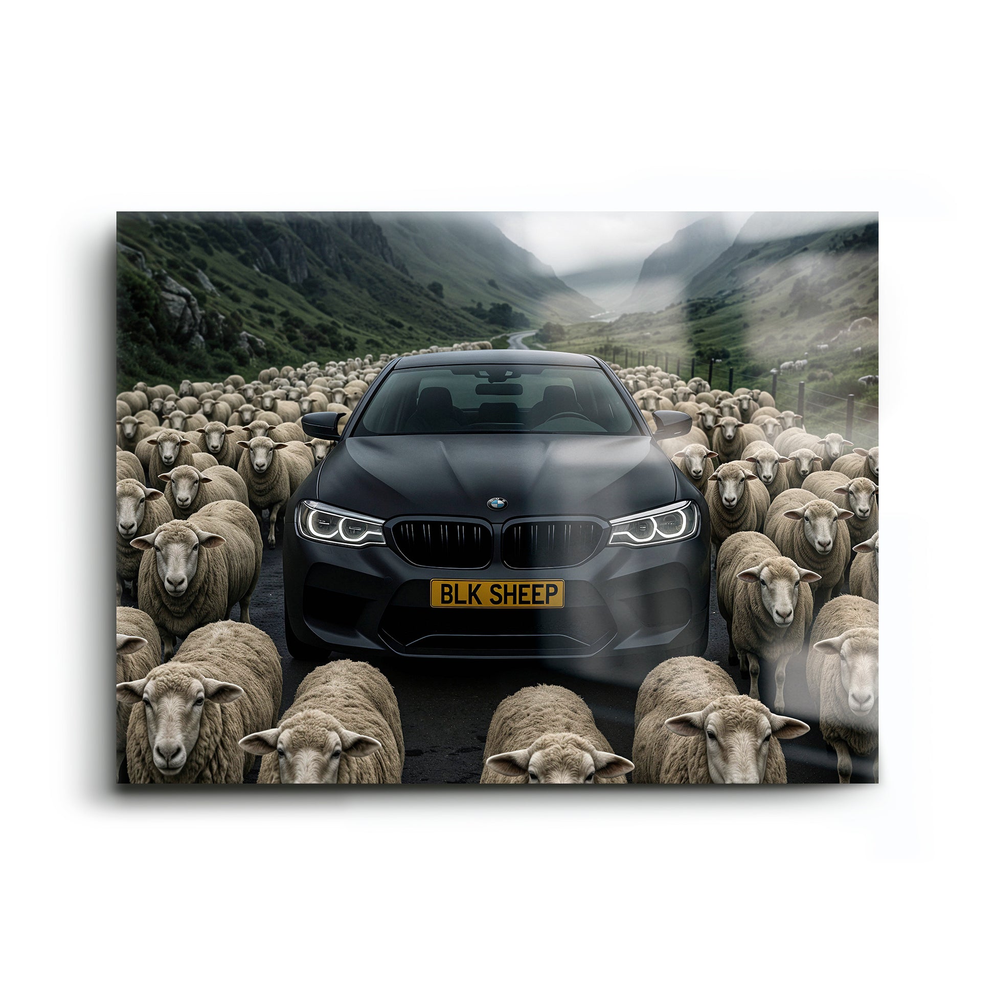 Luxury car canvas wall art with sheep and mountain landscape

