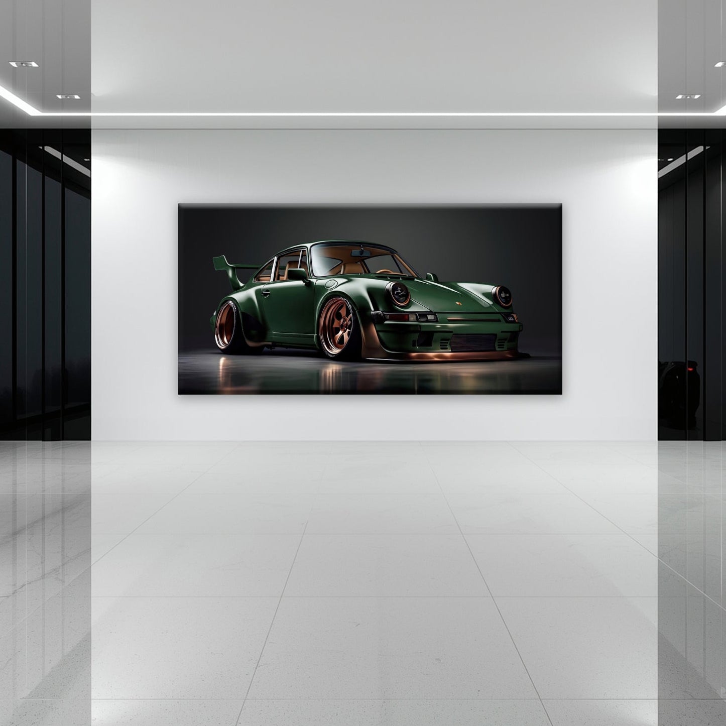 Green sports car wall art with dark studio background