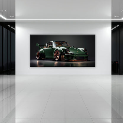 Green sports car wall art with dark studio background
