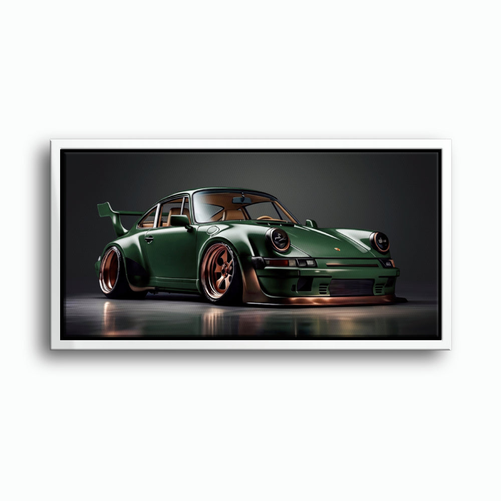 Sports car wall art print with green Porsche coupe
