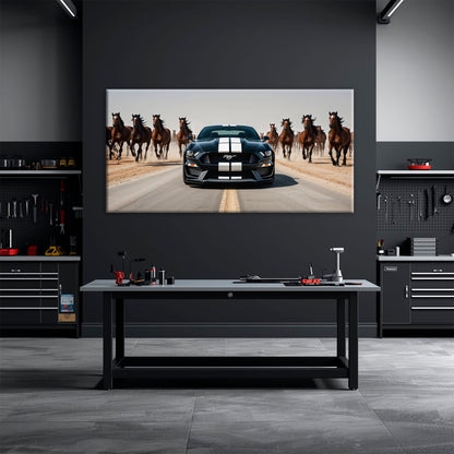 Ford Mustang Horsepower Charge Wall Art – Black Muscle Car Canvas Cars