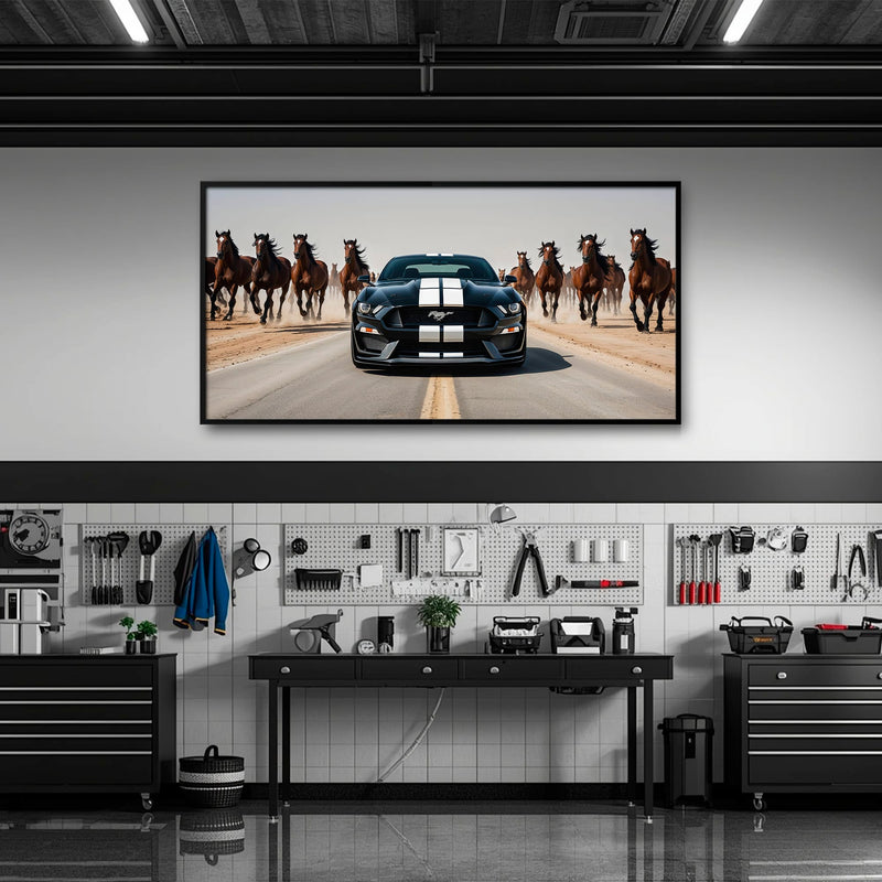 Ford Mustang Horsepower Charge Wall Art – Black Muscle Car Canvas Cars