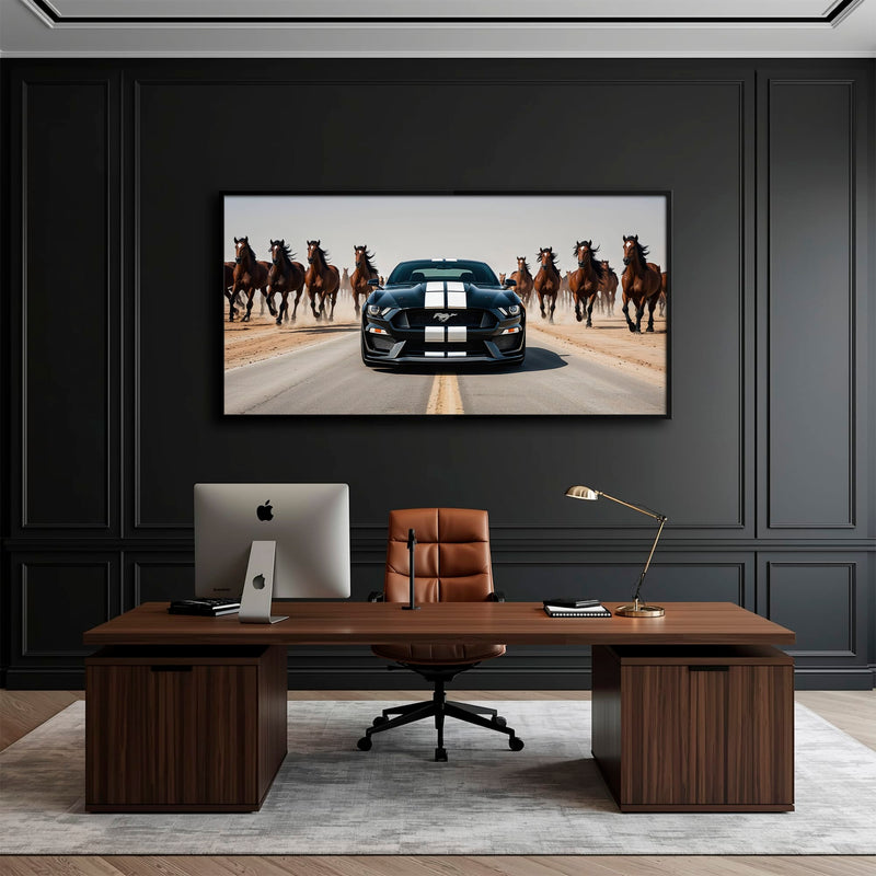 Ford Mustang Horsepower Charge Wall Art – Black Muscle Car Canvas Cars