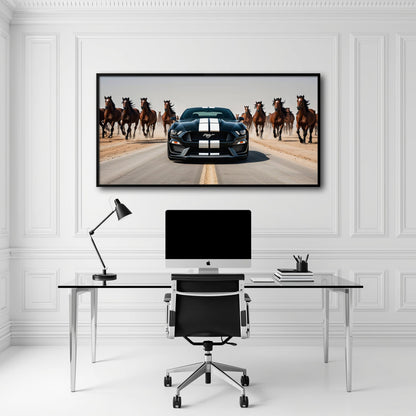 Ford Mustang Horsepower Charge Wall Art – Black Muscle Car Canvas Cars