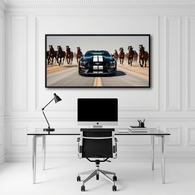Ford Mustang Horsepower Charge Wall Art – Black Muscle Car Canvas Cars