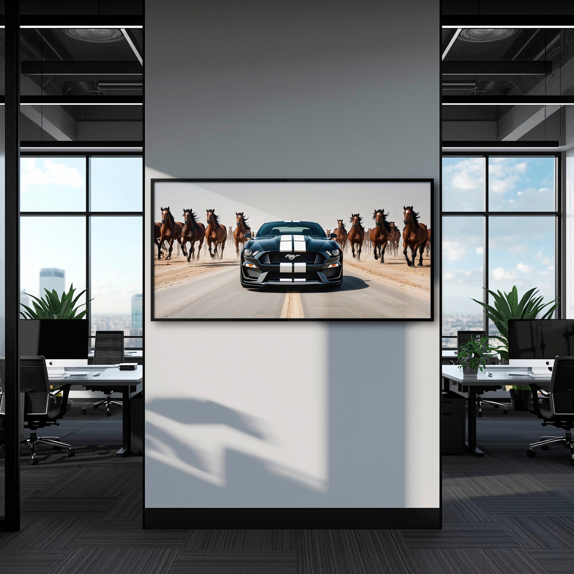 Ford Mustang Horsepower Charge Wall Art – Black Muscle Car Canvas Cars