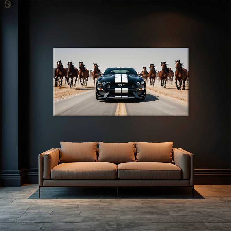 Ford Mustang Horsepower Charge Wall Art – Black Muscle Car Canvas Cars
