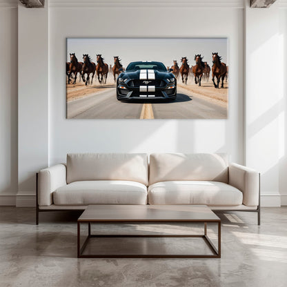 Ford Mustang Horsepower Charge Wall Art – Black Muscle Car Canvas Cars