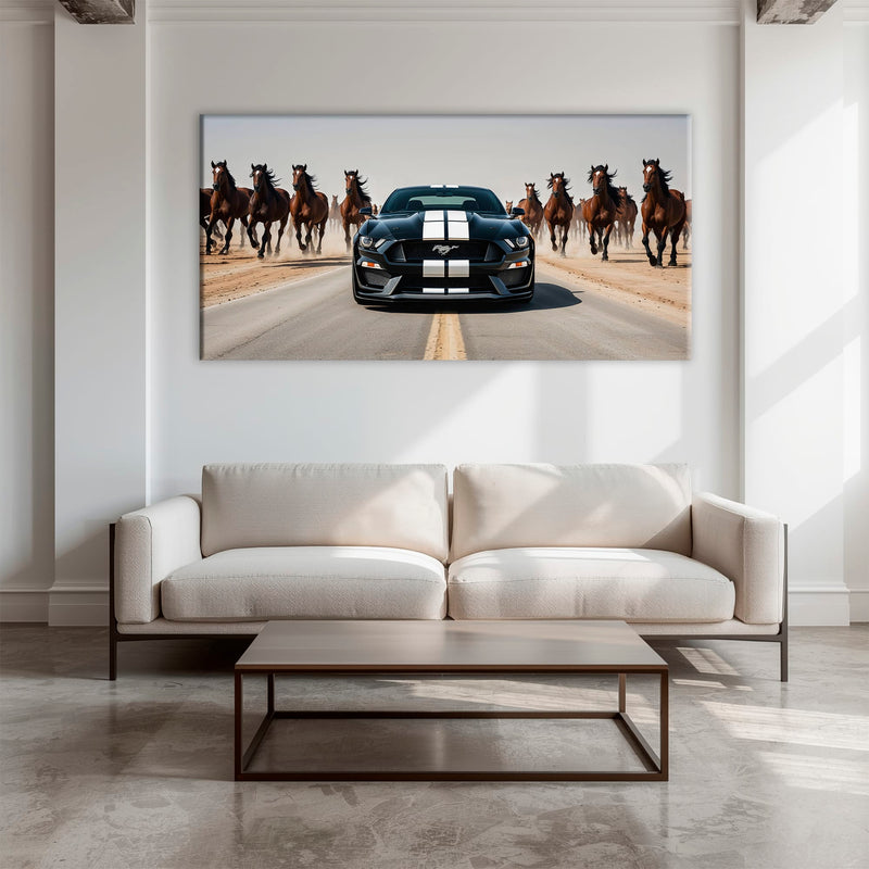 Ford Mustang Horsepower Charge Wall Art – Black Muscle Car Canvas Cars