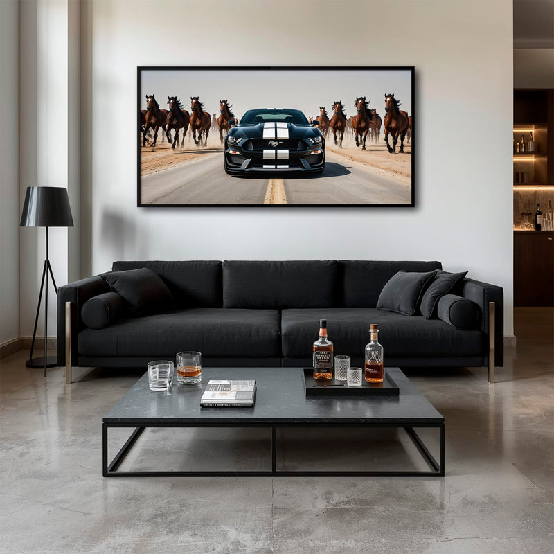 Ford Mustang Horsepower Charge Wall Art – Black Muscle Car Canvas Cars