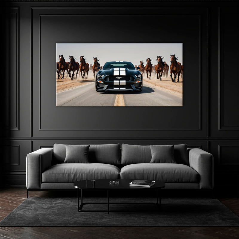 Ford Mustang Horsepower Charge Wall Art – Black Muscle Car Canvas Cars