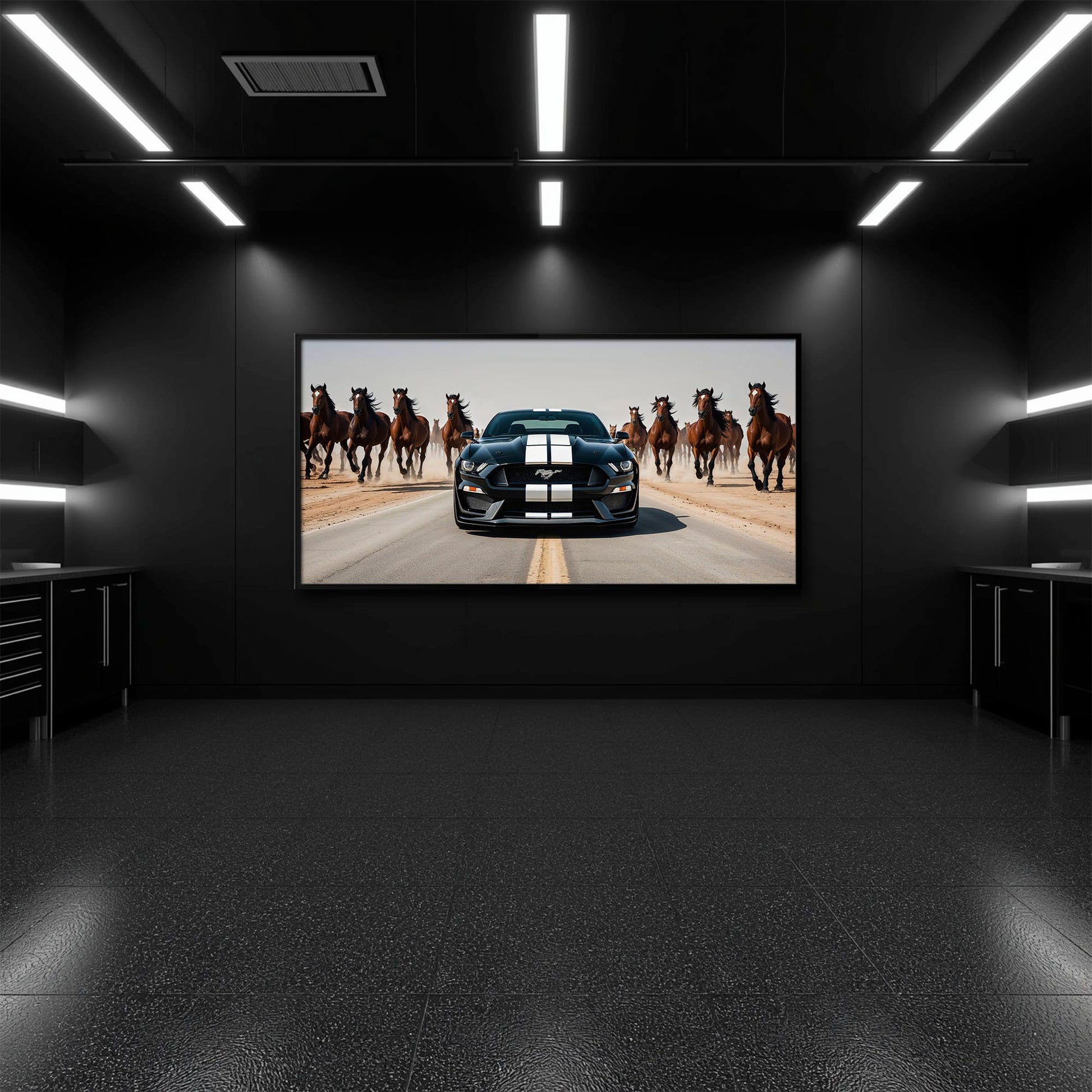 Ford Mustang Horsepower Charge Wall Art – Black Muscle Car Canvas Cars
