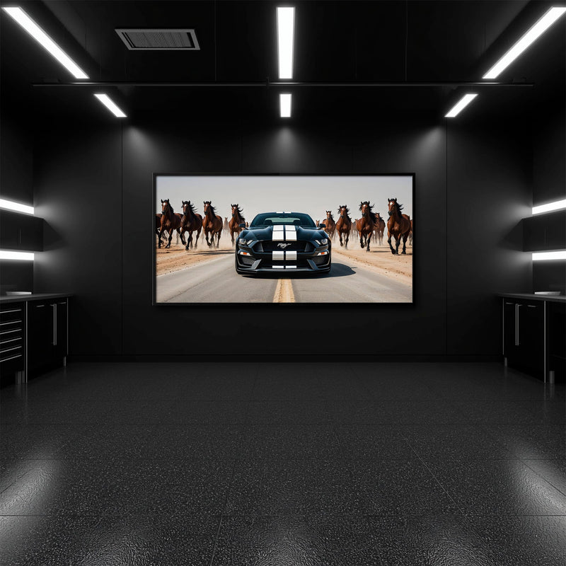 Ford Mustang Horsepower Charge Wall Art – Black Muscle Car Canvas Cars
