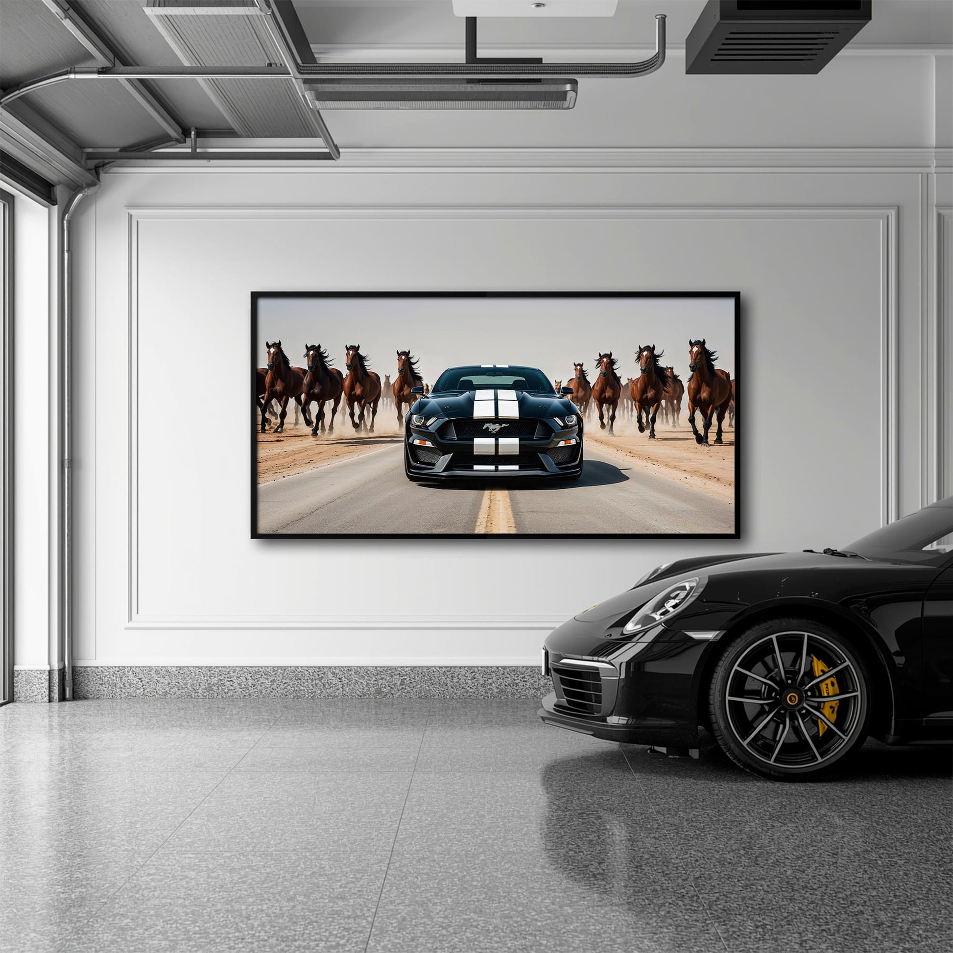 Ford Mustang Horsepower Charge Wall Art – Black Muscle Car Canvas Cars