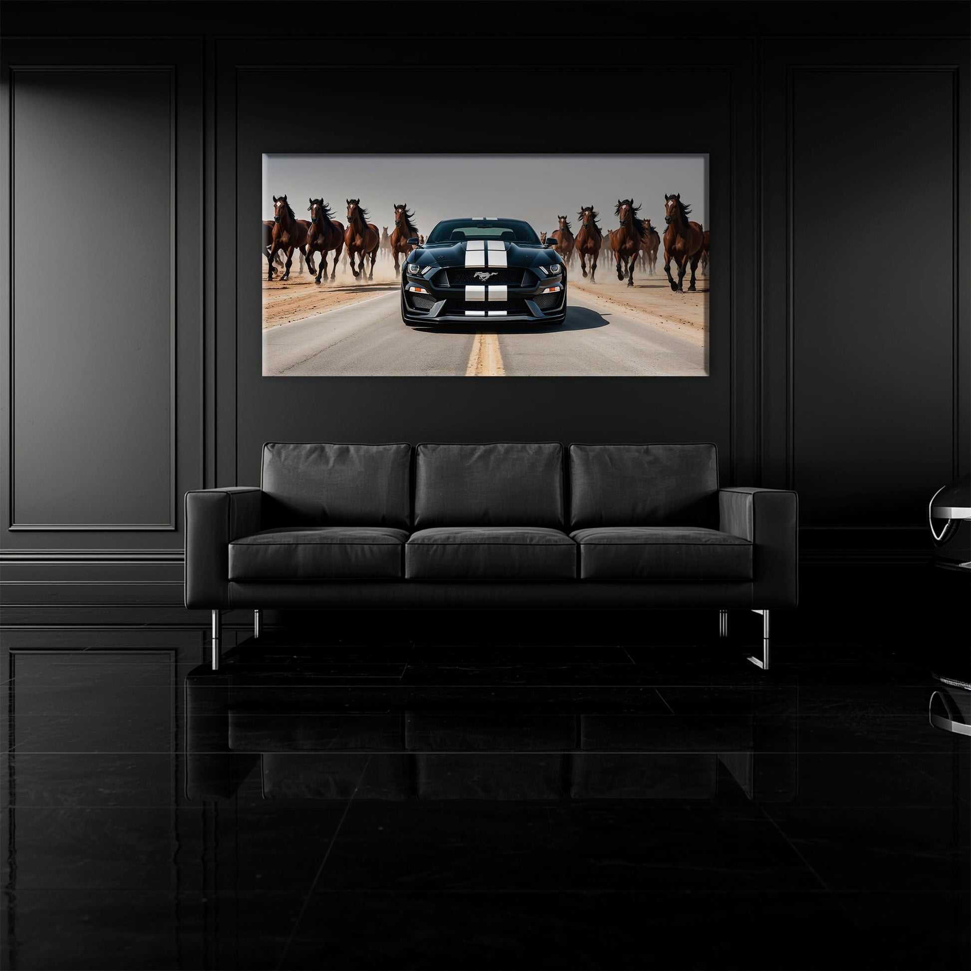 Ford Mustang Horsepower Charge Wall Art – Black Muscle Car Canvas Cars