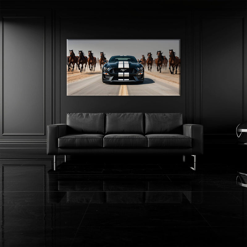 Ford Mustang Horsepower Charge Wall Art – Black Muscle Car Canvas Cars