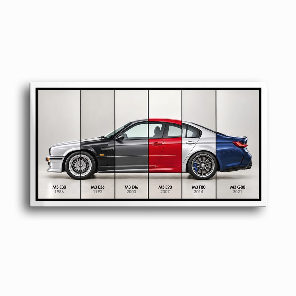 BMW M3 Evolution Poster & Canvas Wall Art | Caveson Framed Canvas / 12х24 / White Cars