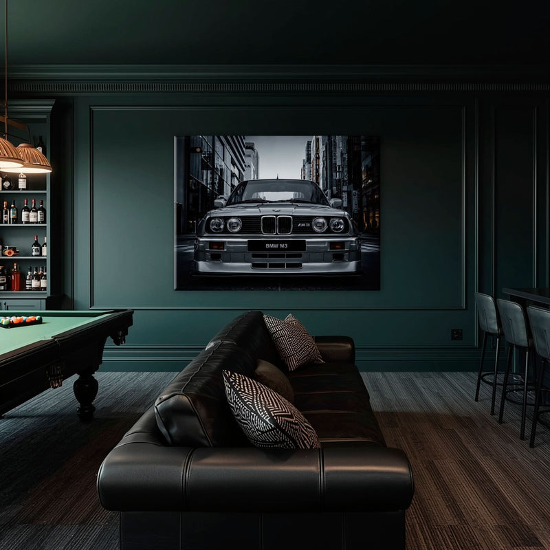 BMW E30 M3 Wall Art – Silver Sports Car Canvas Print- Street Art Cars
