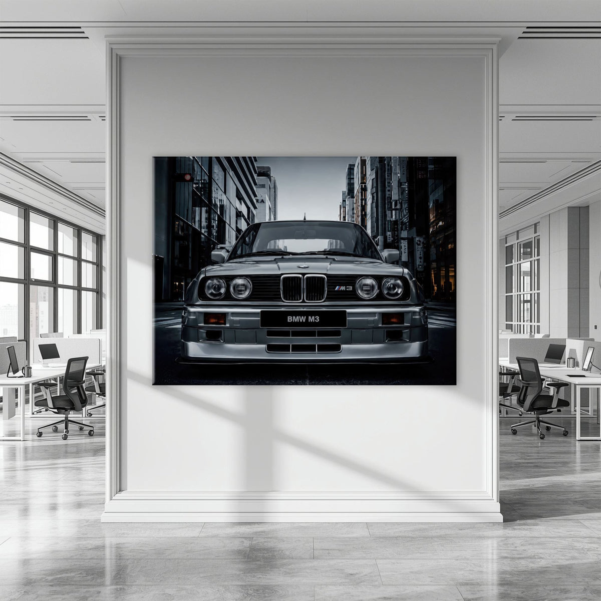 BMW E30 M3 Wall Art – Silver Sports Car Canvas Print- Street Art Cars