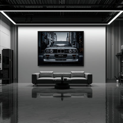 BMW E30 M3 Wall Art – Silver Sports Car Canvas Print- Street Art Cars