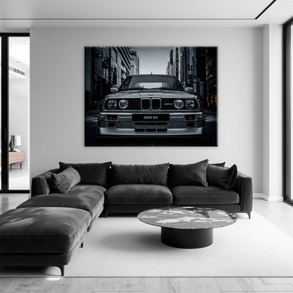 BMW E30 M3 Wall Art – Silver Sports Car Canvas Print- Street Art Cars
