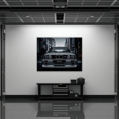BMW E30 M3 Wall Art – Silver Sports Car Canvas Print- Street Art Cars