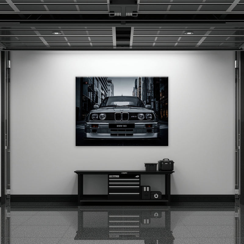 BMW E30 M3 Wall Art – Silver Sports Car Canvas Print- Street Art Cars