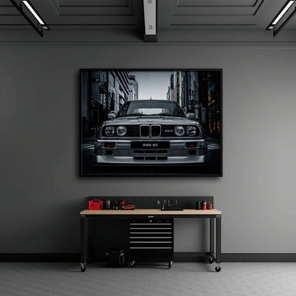 BMW E30 M3 Wall Art – Silver Sports Car Canvas Print- Street Art Cars
