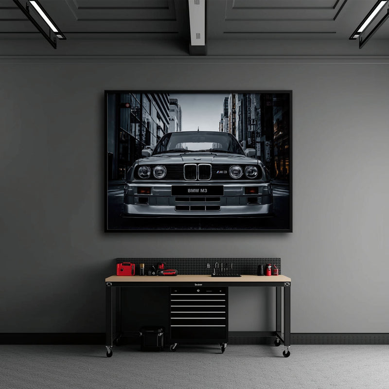 BMW E30 M3 Wall Art – Silver Sports Car Canvas Print- Street Art Cars