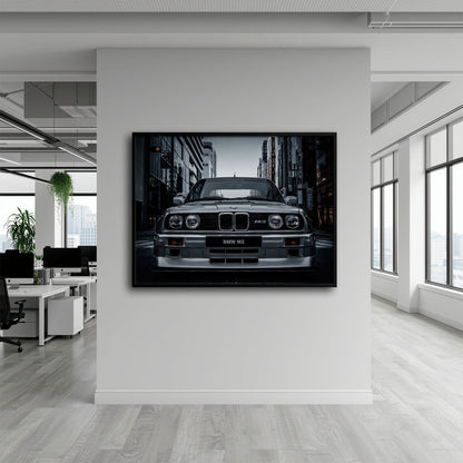 BMW E30 M3 Wall Art – Silver Sports Car Canvas Print- Street Art Cars